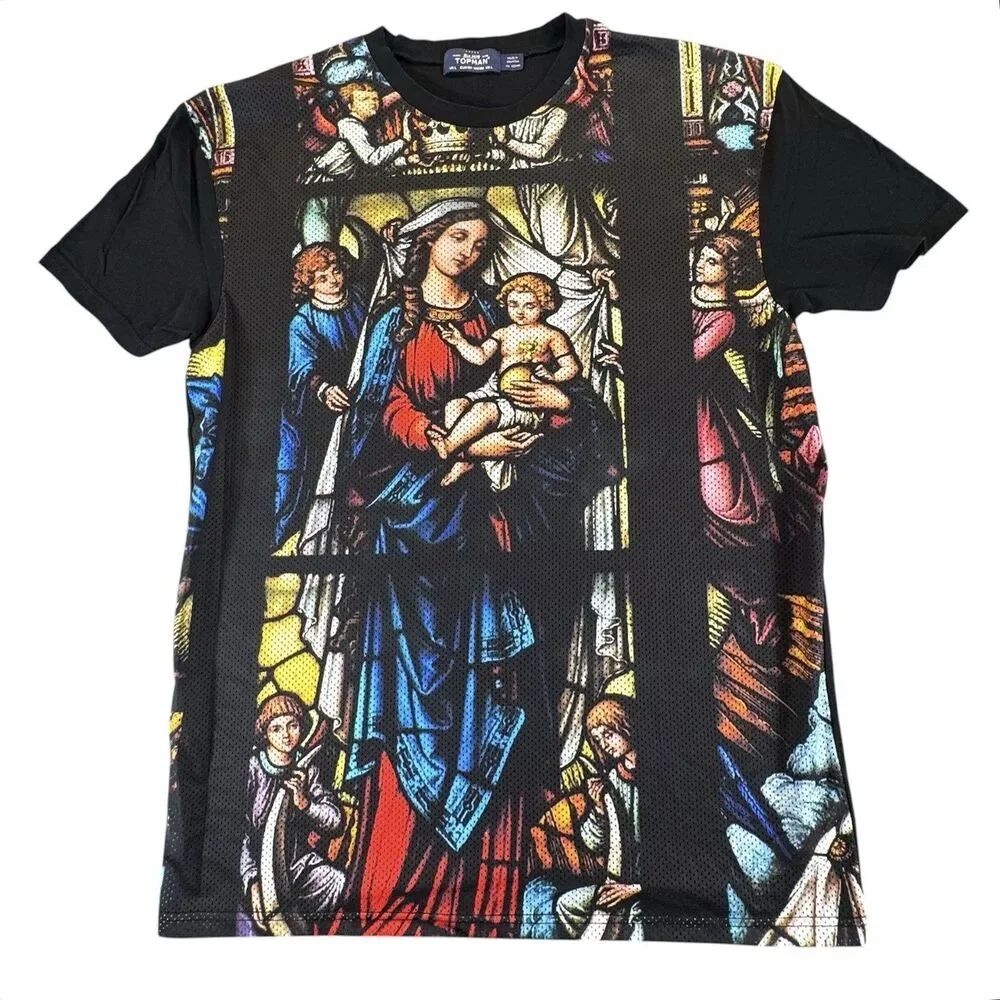 TOPMAN Sz L T Shirt Christian Virgin Mary Joseph Jesus Christ Stained Glass Tee